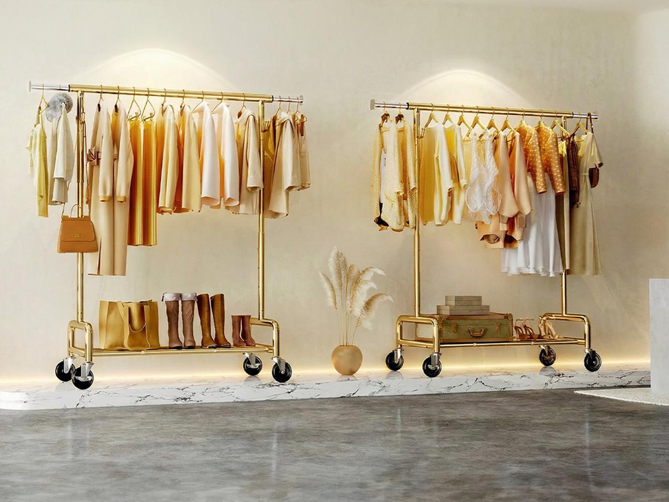 Raybee Heavy Duty Clothes Rack Load 450 LBS, Clothing Racks for Hanging Clothes Rolling Garment Rack with Wheels & Shelf,Portable & Adjustable Coat Rack ,Chrome, Golden