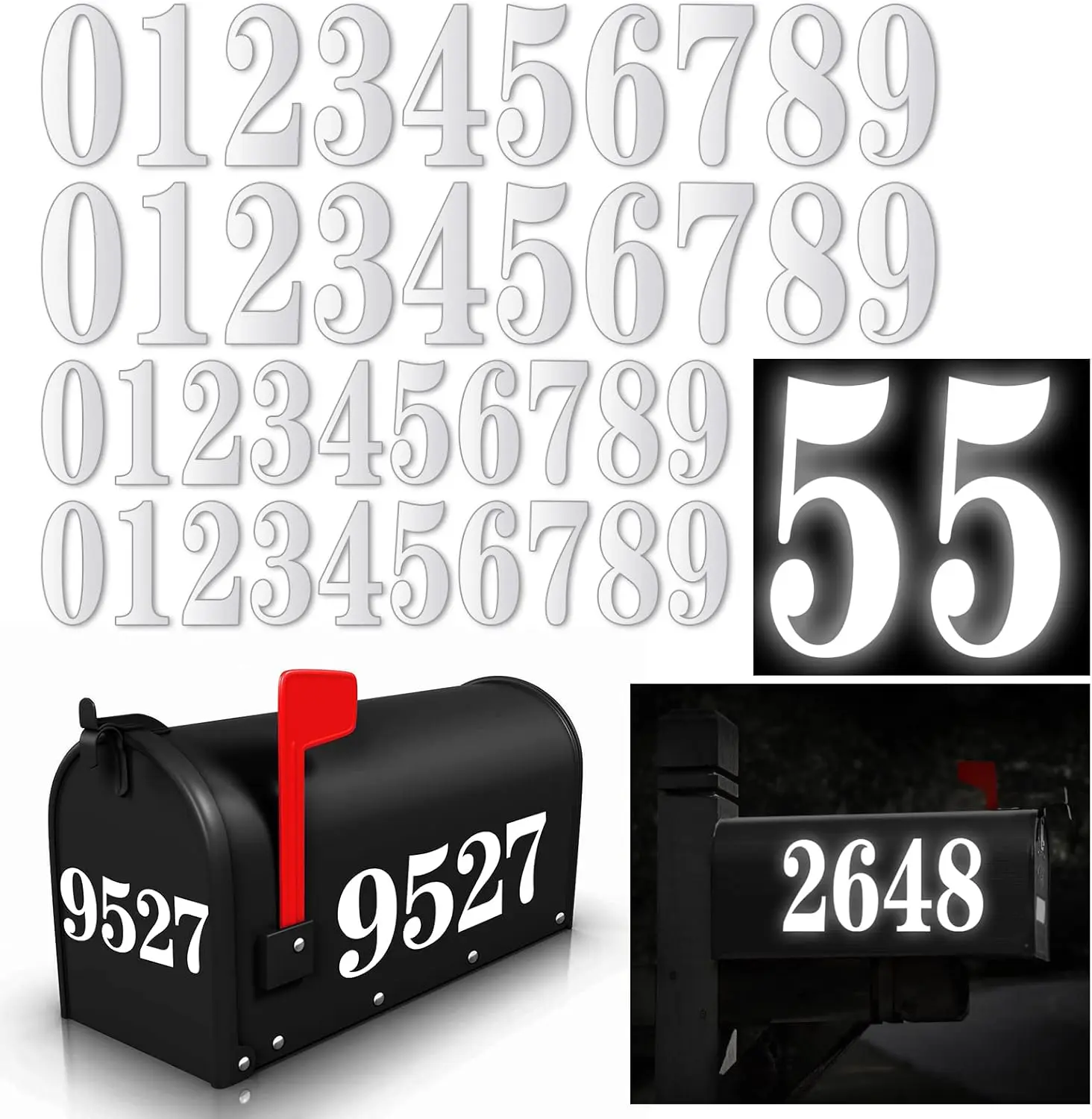 Self Adhesive Mailbox Address Numbers Labels - 60 PCS White Vinyl Waterproof 0-9 Stickers, 3" (4 Sets) & 4" (2 Sets), Office Stationery Supplies for Outdoor House Display, Self Adhesive Stickers Includes Labels Decals Stickers