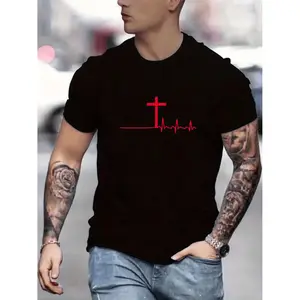 Men's Summer Casual Short Sleeve T Shirt with Cross Pulse Print Knit Polyester Blend Crew Neck Regular Fit and Slight Stretch Breathable Top for Men