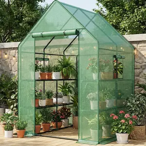 Bamworld Outdoor Walk-in Greenhouse with Screened Windows, 3-Tier Accessible Greenhouse with PE Cover for Garden and Yard, Portable Structure with Sturdy Metal Frame, Winter Resistant