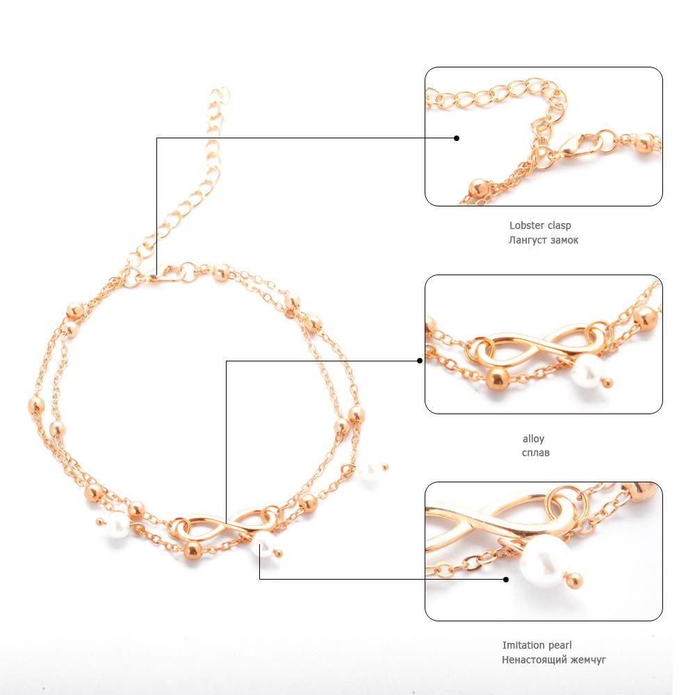 Women's Alloy Anklet with 8-Shaped Double-Layer Pearls - Golden/Silver