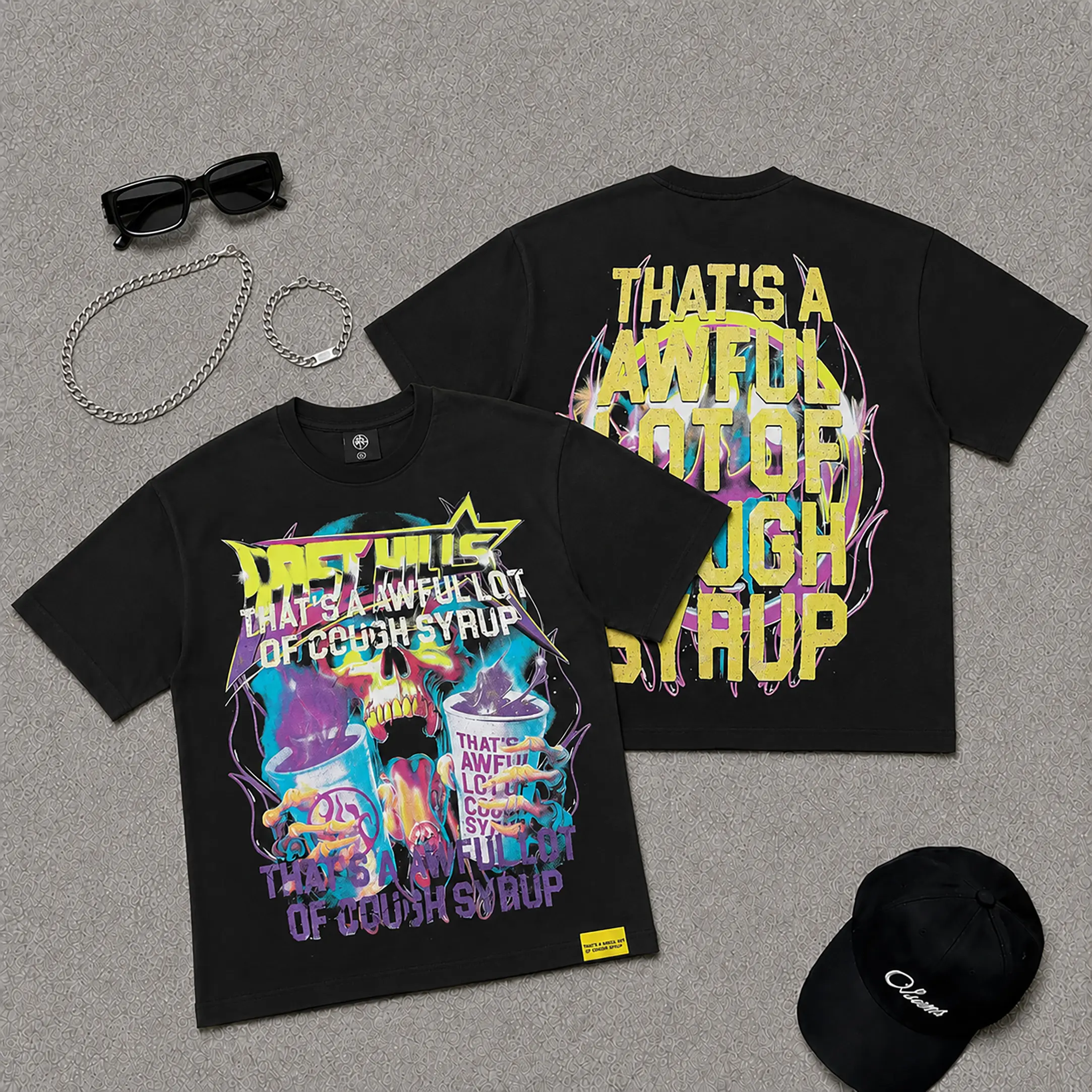 Cough Syrup Graphic T Shirt Pure Cotton Vintage Washed Y2K Streetwear Hip Hop Skull Print Summer Casual Tee For Men Women Teens
