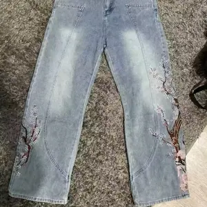 Cherry Blossom Embroidered Light Wash Jeans for Women - Stylish Denim Pants with Floral Design