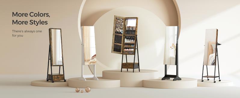 【Gift Idea】SONGMICS LED Mirror Jewelry Cabinet Standing, Lockable Jewelry Armoire with Full-Length Mirror, Space-Saving Jewelry Organizer with Mirror, Bottom Drawer, Christmas Gifts