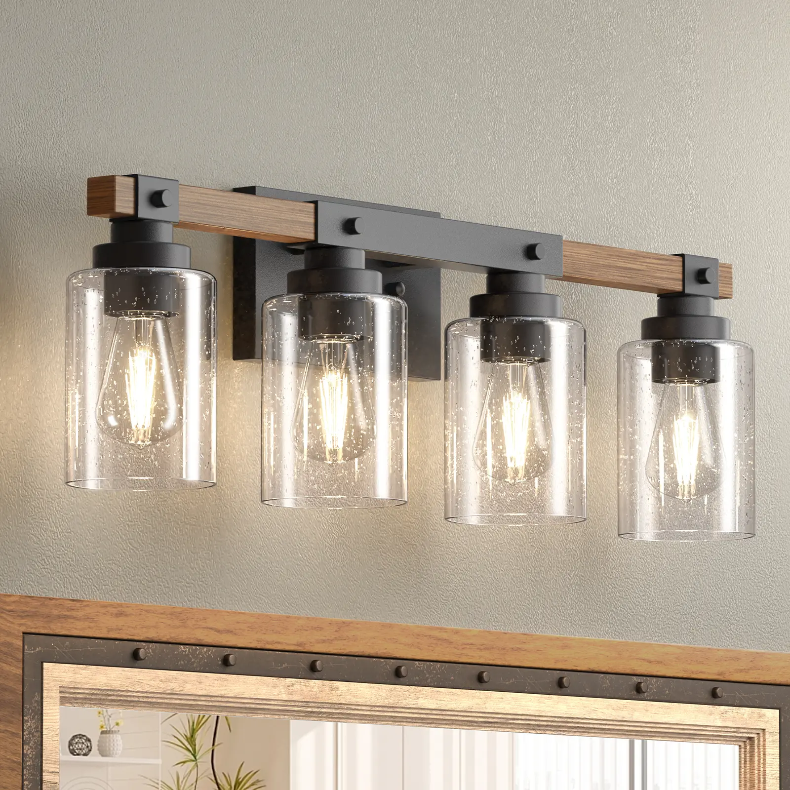 Farmhouse Vanity Light Fixture, Rustic Wood Bathroom Light Fixtures, Industrial Vintage Black Wall Sconces Lights with Bubble Glass Shade for Mirror, Bedroom, Living Room, Hallway