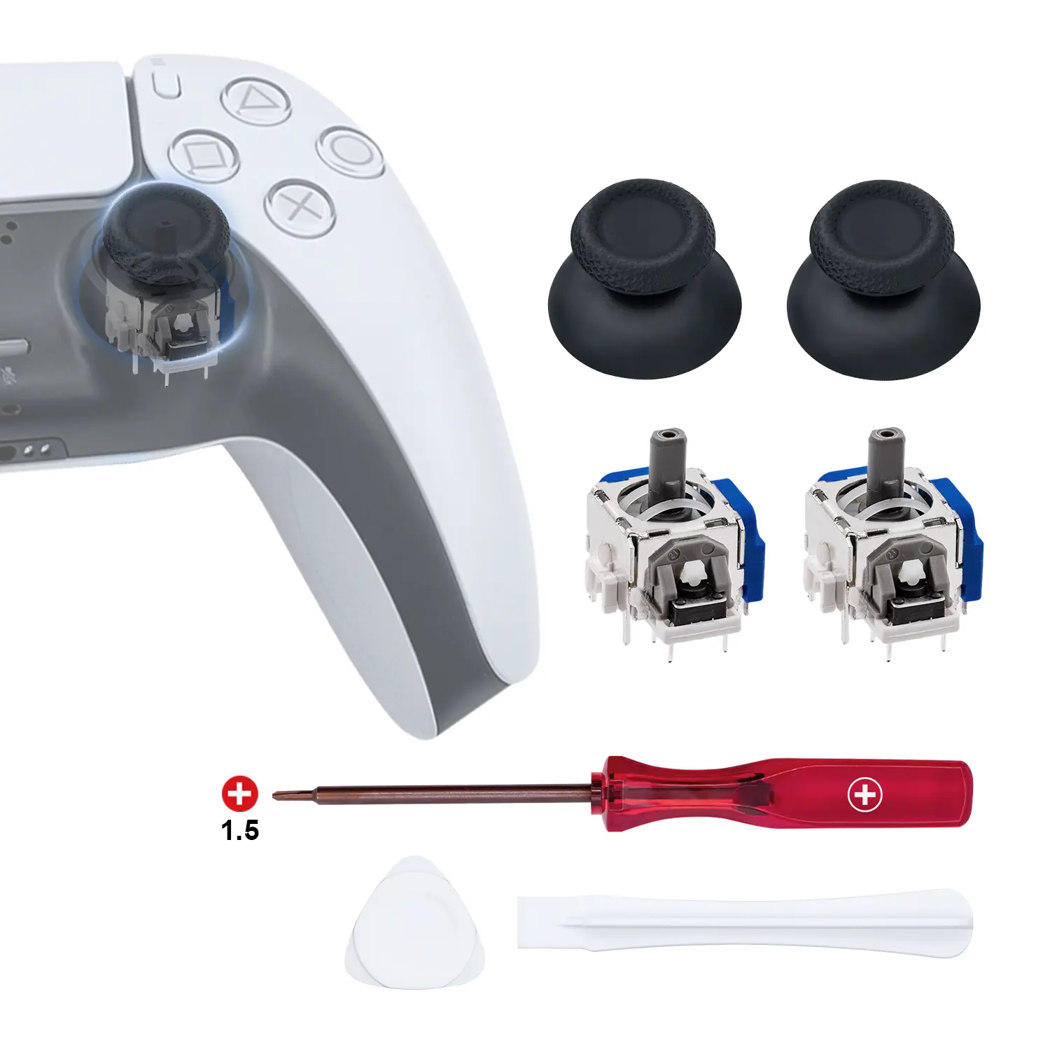 Mcbazel High-Quality Magnetic 3D Hall Effect Complete Repair Kit for DualSense PS5 Controllers - 2 Drift-Free Analog Joysticks, 1 x Pry Tool, 1 x Screwdriver, Durability, Manufacturer Warranty, Gaming Accessories, Pry Board, 3D Hall Sticks