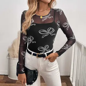 Black Round Neck Bow Print Long Sleeve Mesh Top