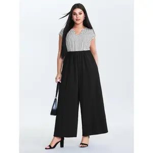 BLOOMCHIC Plus Size Striped Color Contrast Jumpsuit [M-6X]2026 Summer Vibes Swimweek