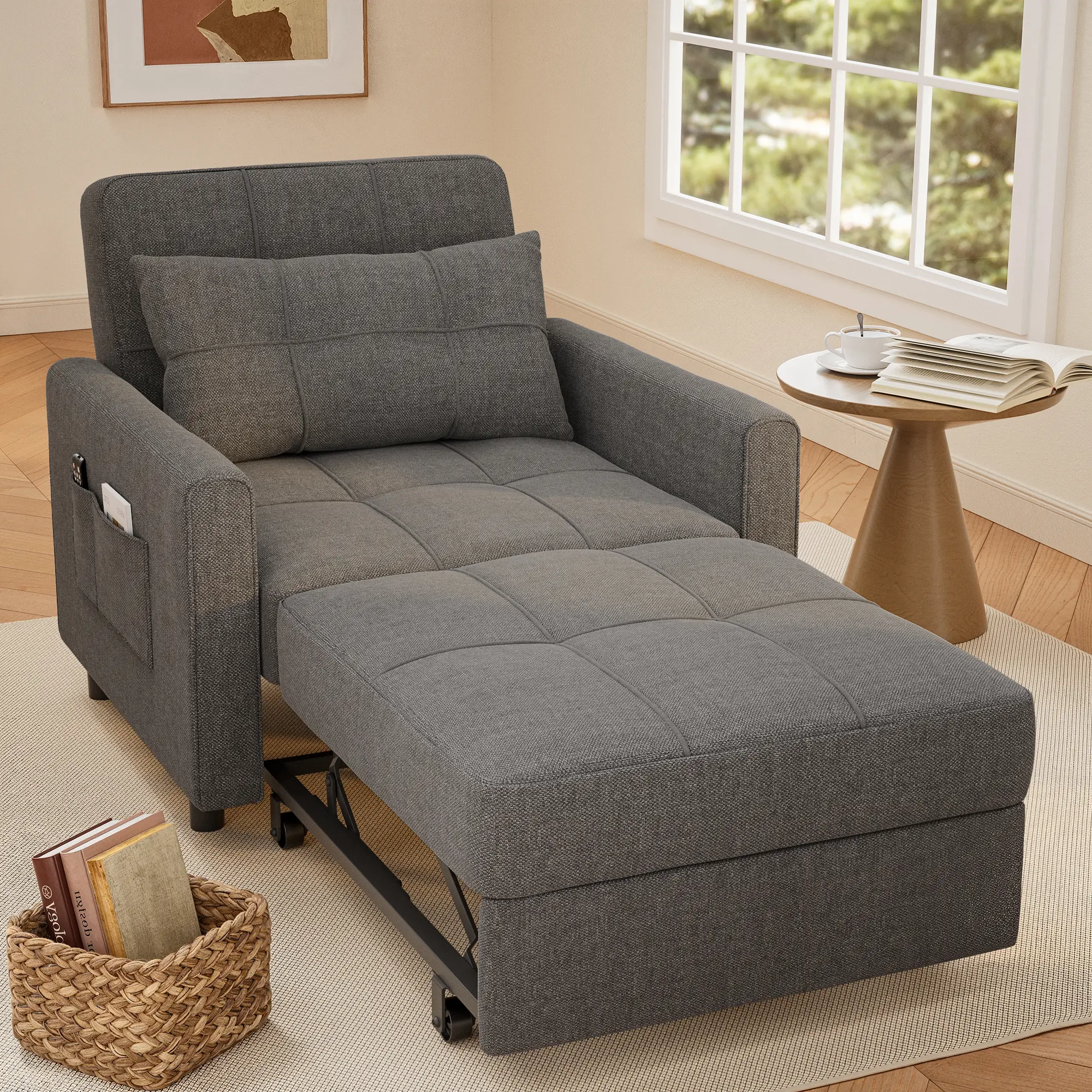 Gizoon 3-in-1 Convertible Pull-Out Single Sleeper Sofa Bed Chair - Adjustable Back, Wide 26in for Easy Lying, Easy Bed, Living Room & Bedroom Furniture, Spacious Multifunctional Indoor Couch, Pull-Out, Easy Bed