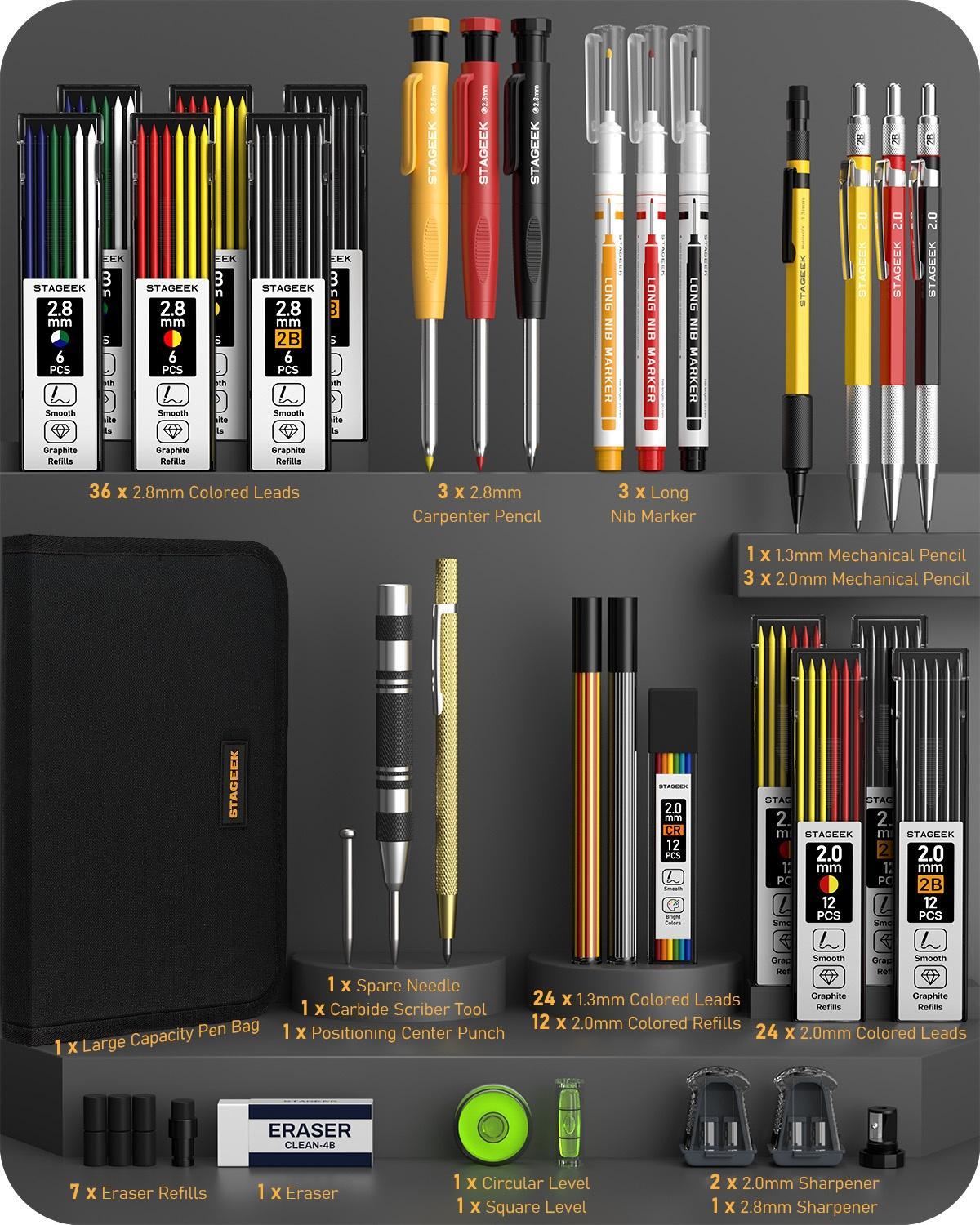 STAGEEK 49/34PCS Carpenter Pencil Set with Sharpener Mechanical Pencils Long-Nib Marker Pens Carbide Scribe Tool for Woodworking with Case STAGEEK 49/34PCS Carpenter Pencil Set with Sharpener Mechanical Pencils Long-Nib Marker Pens Carbide Scribe Tool for Woodworking with Case