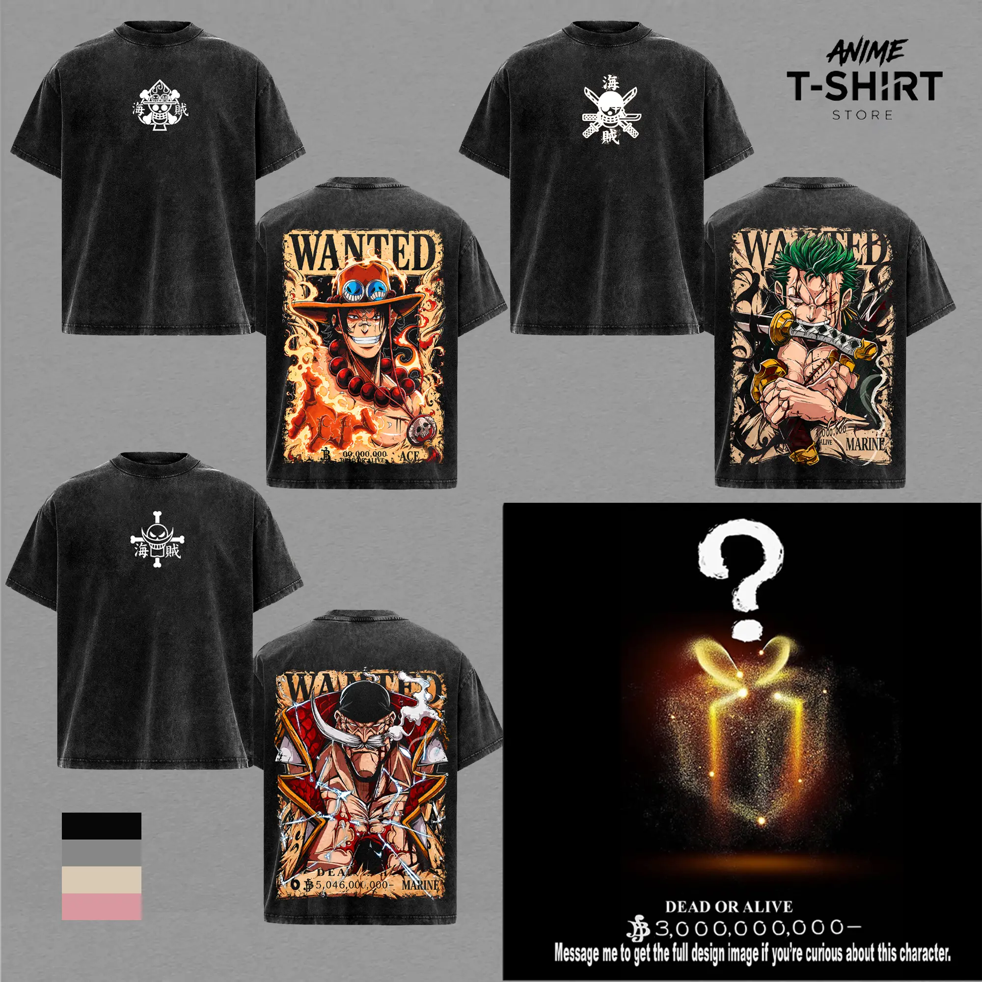 [COLLECTION] ACE, Zoro, Whitebeard, Straw Hat Wanted Posters OP Anime T-Shirt Vintage Acid Wash Oversized Graphic Tee Straw Hat Pirates Streetwear Gift