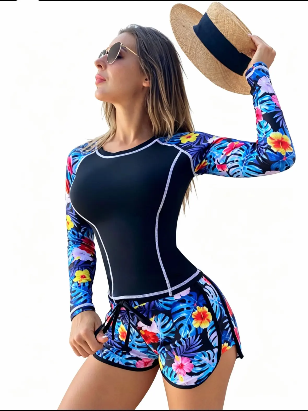Women's 2-Piece Printed Rash Guard Swimsuit Set - Long Sleeve Sun Protection Top with Padded Bra, Tummy Control Boyshorts, Modest Activewear Swimwear, No