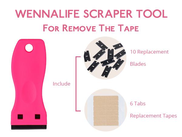 WENNALIFE Tape Remover Scraper Tool Razor Blade with 10 Replacement Blades & 6 Tape-Tabs Non-Scratch Tape in Extensions tool Adhesive-Remover for Cleaning