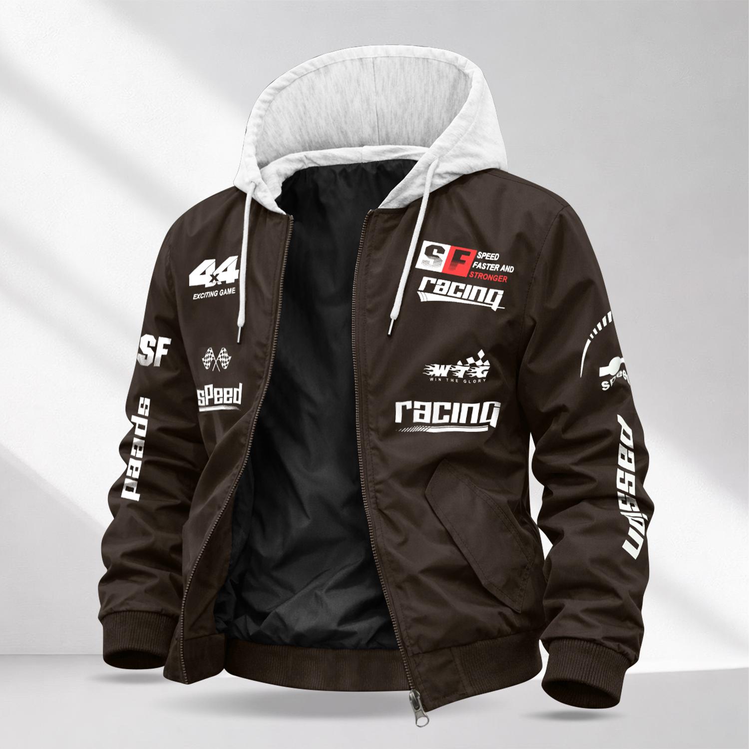 Men’s Letter Print Casual Jacket — Drapey, Wrinkle-Resistant fabric ; Color-Blocked Design with Hood and Drawstring; Retro Racing Style; Perfect for Going Out, Commuting, and Dates; A Stylish, Versatile Outerwear Piece