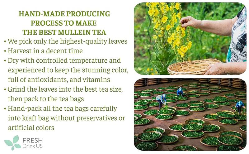 Premium Mullein Leaf Tea Bags For Lung, 100% Natural & Pure from Mullein Leaves. Loose Leaf Mullein Herbal Tea. Made with Natural Material Tea Bags. No Sugar, No Caffeine, No Gluten, Vegan. Mullein cleanse, lung support