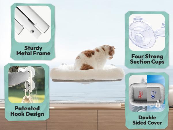 POMESEA Cordless Cat Window Perch for Large Indoor Cats, Soft Gray Pad Bed Cover, Wall and Window Mounted with Metal Frame, Includes 6 Suction Cups (2 Bonus)