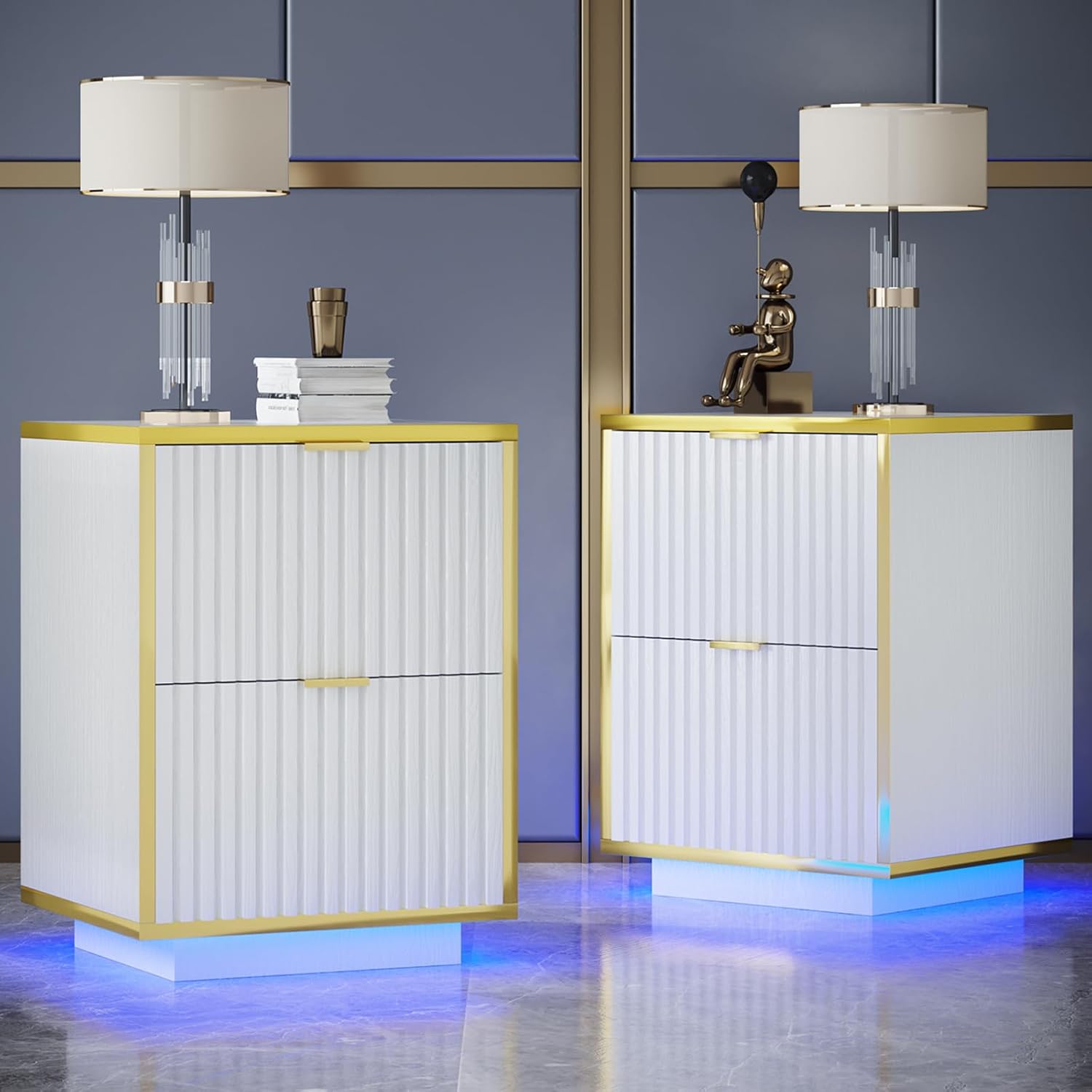 HOMBCK Nightstand, Modern Bedside Table with LED Lights, End Table for Bedroom Living Room