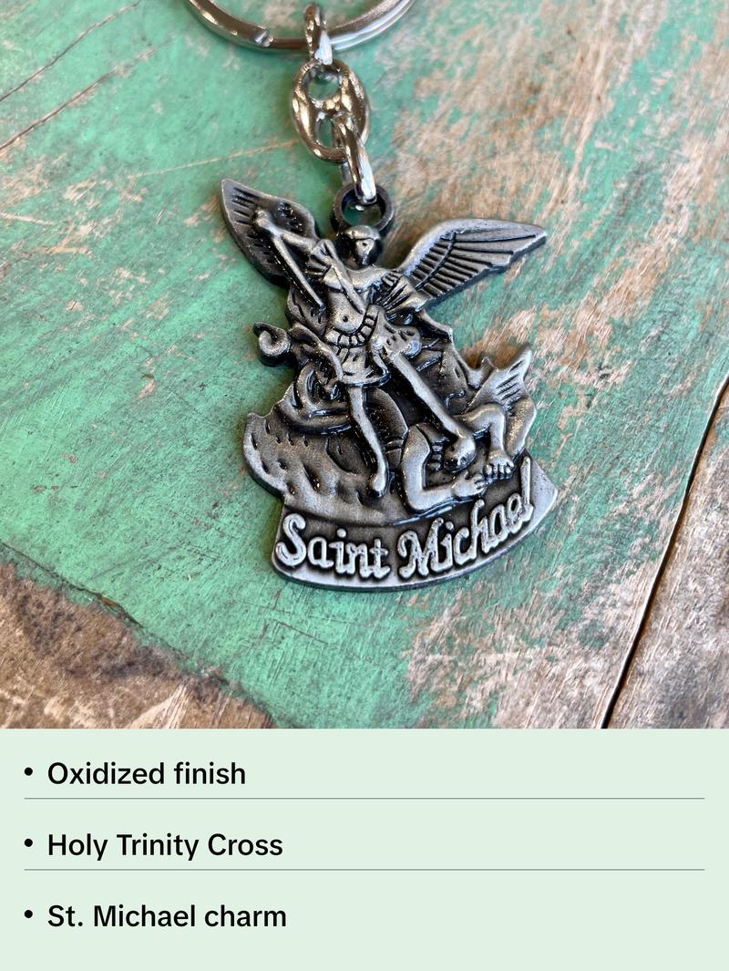 Saint Michael Oxidized Keychain with Cross and Eagle Design