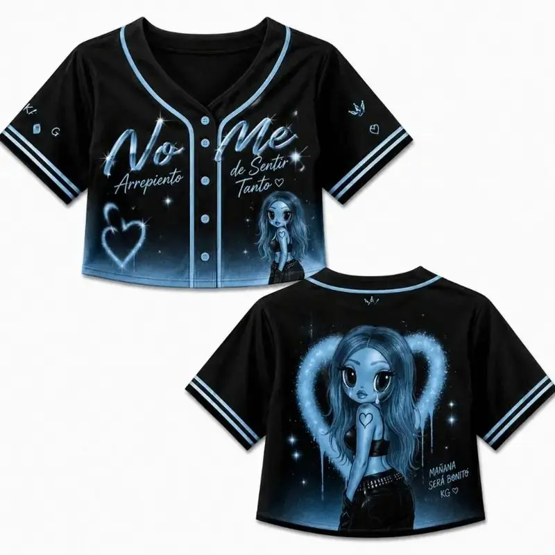 No Me Arrepiento Inspired Women's Crop Top Jersey, Latin Music Graphic Button Up Shirt, Blue Aesthetic Concert Outfit, Festival Fashion, Unisex Fan Gift, Casual Summer Top