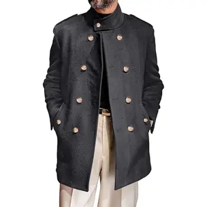 Runcati Mens Trench Coat Double Breasted Stand Collar Pea Coat Casual Fall Winter Warm Mid Long Overcoat