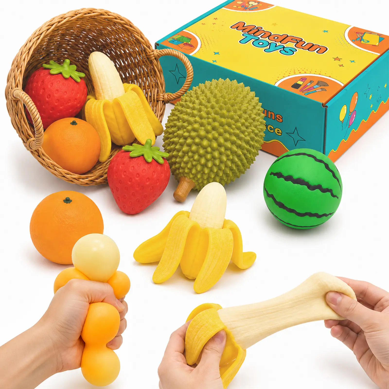 8-Piece Stress Relief Fidget Toys Fruit Squishy Set Box,Soft Sensory Squeeze Toys Fast Return Party Gift for Kids Adults