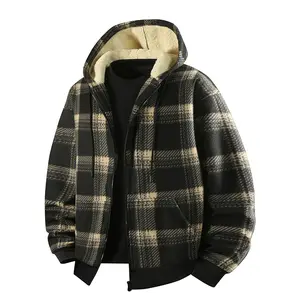 Men's Black & Tan Plaid Shearling-Lined Hooded Jacket, Warm Zip-Up Casual Coat for Winter