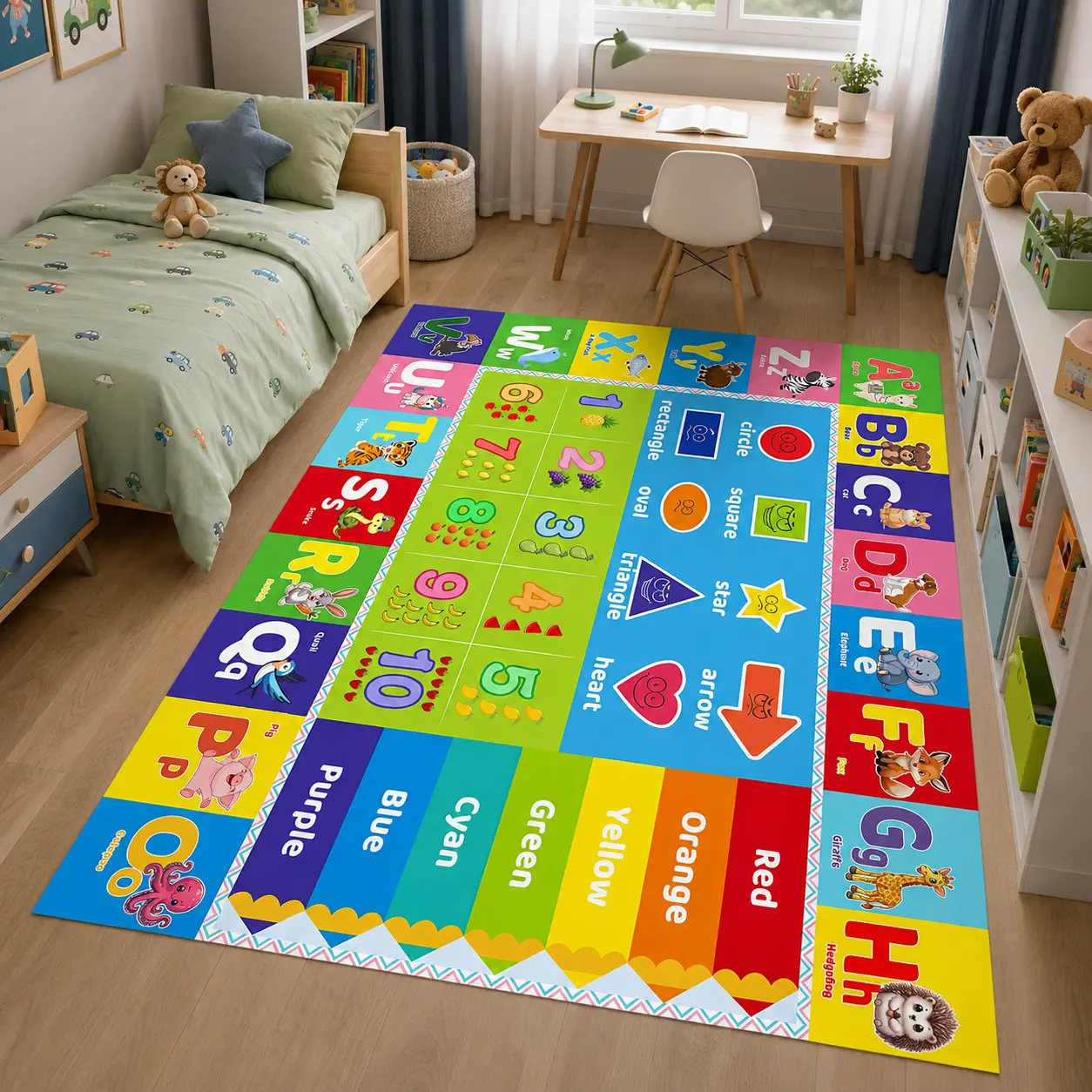 Kids Educational Alphabet Grid Play Rug - Colorful Theme Mat with Animal Motifs, Numbers, Shapes for Playroom, Nursery Use