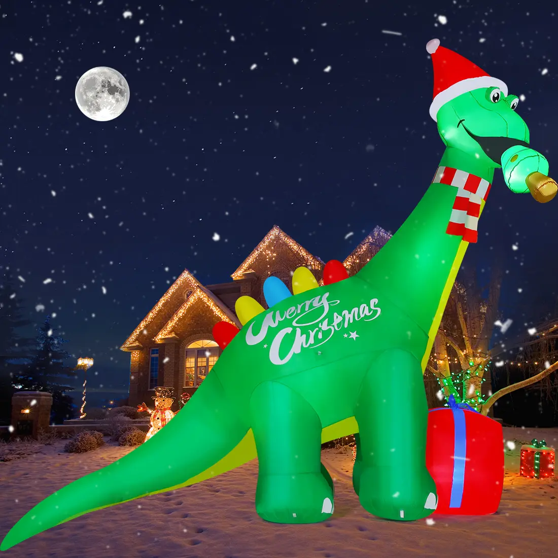 GOOSH 11.8 FT Christmas Inflatable Dinosaur Figure - Built for Outdoor Christmas Decor, Giant Green Figure with Red Gift Box, Built-in LED Lights, Rain-Ready, Deflate-Fold-Store in Bag
