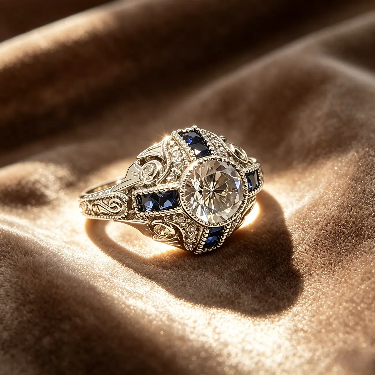 Vintage Art Deco-Inspired Ring - Exquisitely Set with Sparkling Synthetic Sapphires, Edwardian-Style Promise Ring, Vintage Inspired Costume Jewelry for Special Occasions, Vintage Inspired Ring