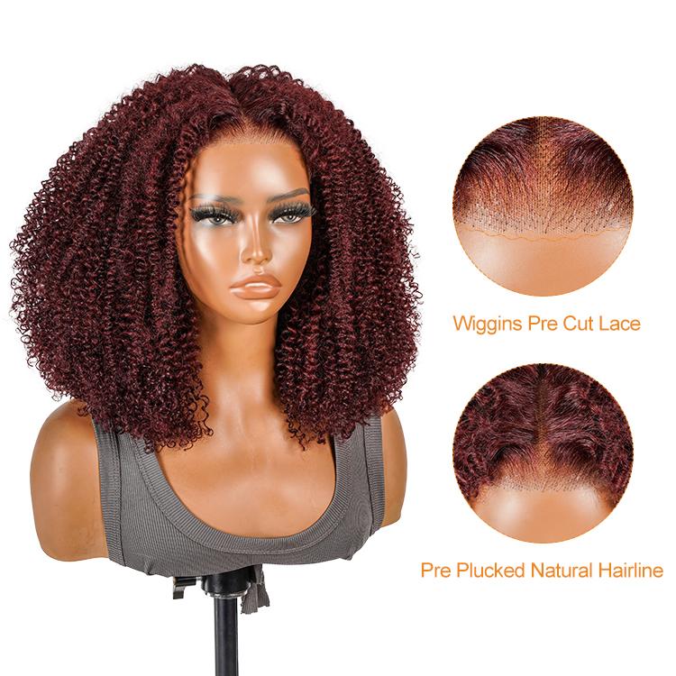 [Clearance Sale] Wiggins Hair Cherry Cola Red Color Glueless Human Hair Wigs Afro Kinky Curly Wig 5x7 Lace Closure Human Hair Pre Cut Pre Plucked Ready to Go Glueless Wigs