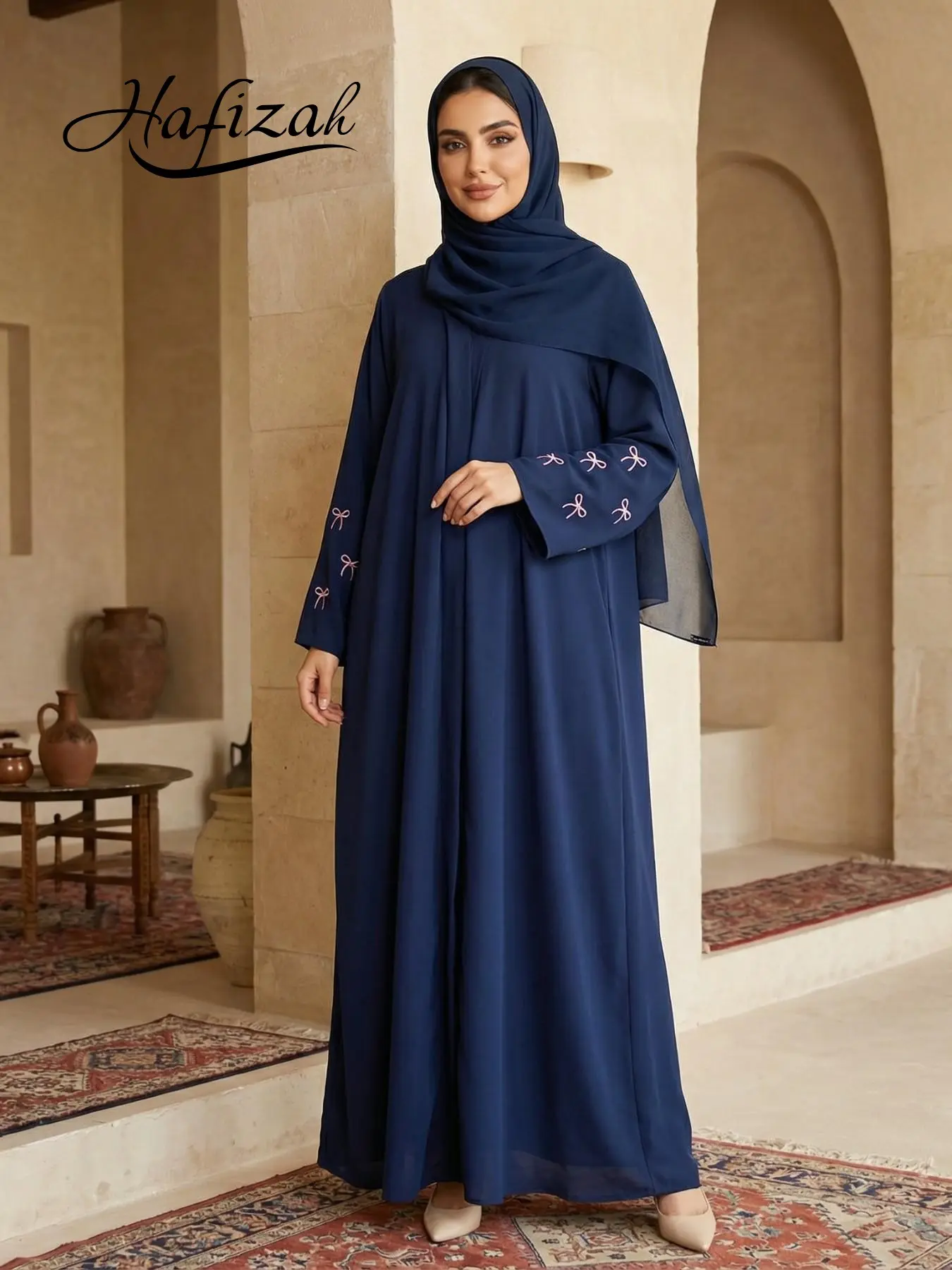 Hafizah Embroidered Butterfly Kaftan, Loose-Fitting Maxi Long Dress with Headscarf, Modesty Muslim Clothing, Modest Islamic Clothing, Muslim Women's Fashion, Modest Clothes, All Seasons Wear