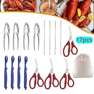 Crab Crackers and Tools Set of 4, 4 Lobster Shellers, 4 Crab Leg Forks/Picks, 4 Lobster Crackers - Nut Crackers, 4 Seafood Scissors and Storage Bag
