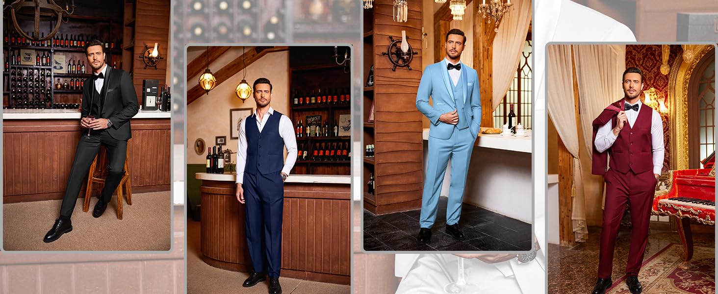 COOFANDY Men's Casual Formal 3 Pieces Blazer Suit Slim Fit Tuxedo Set One Button Jacket Vest Pants with Tie Menswear Soft Classic Fabric  Overalls Pocket Underwear Formal Wear
