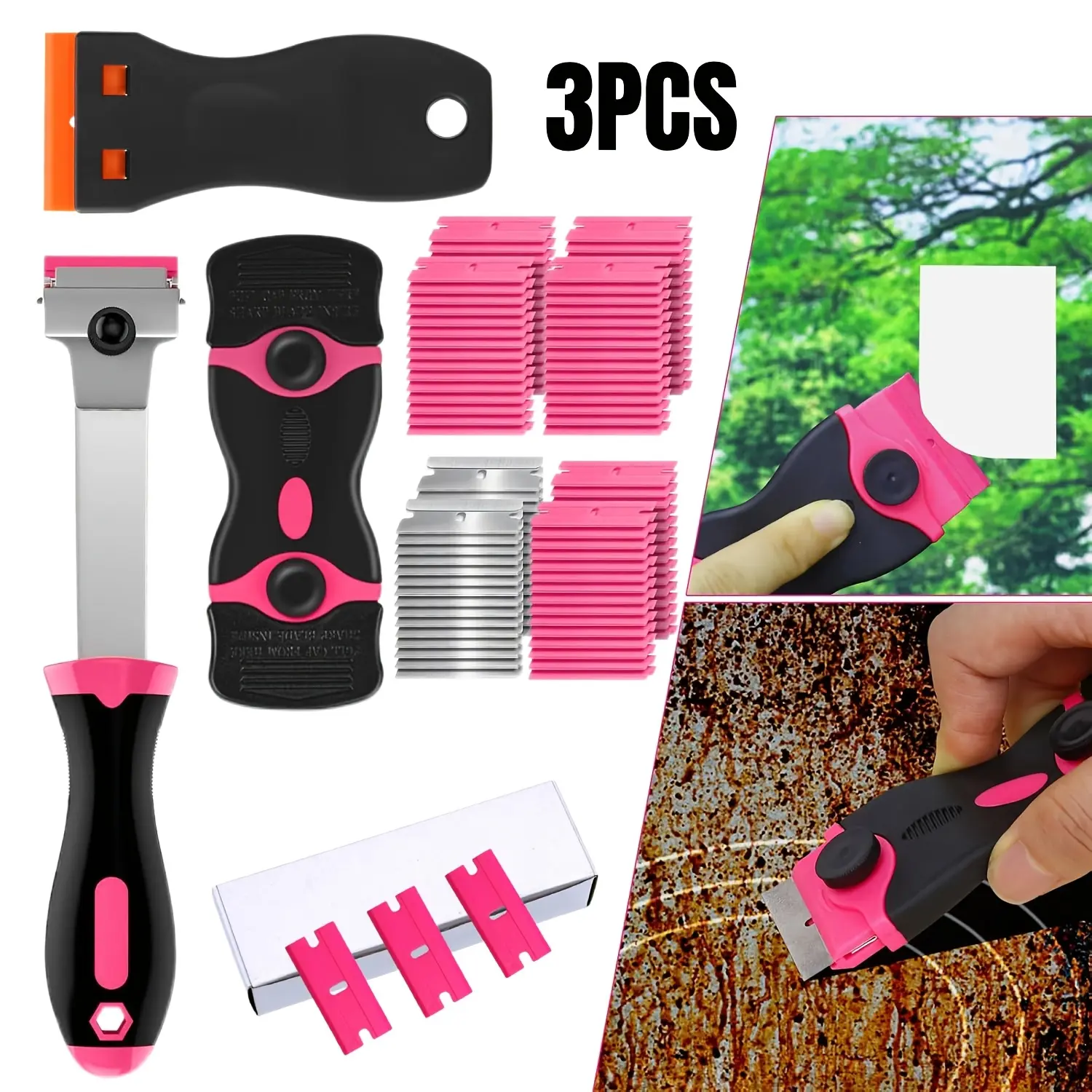 3 Pack Razor Blade Scraper Set, Includes 100 Plastic & 20 Metal Blades, Multi-Purpose Tool for Glass, Cooktop, Sticker Removal, Paint & Gum Cleaning, Ovens, Straight Blade Razors