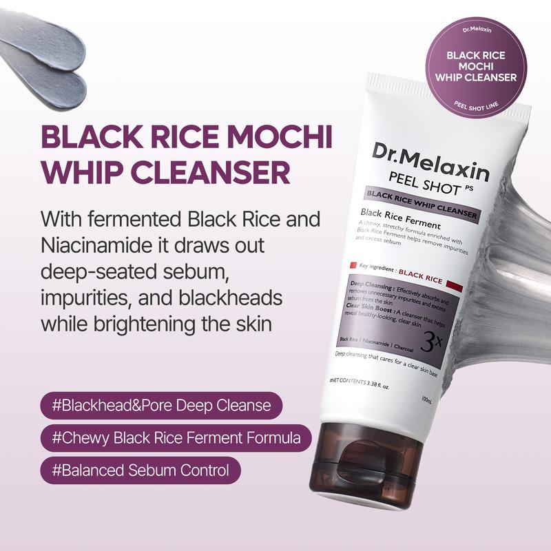 [Dr.melaxin Official] Peel Shot Black Rice Mochi Whip Cleanser 100ml formulated for blackheads, clogged pores, excess sebum, and dull skin