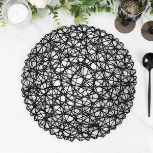 6-Pack Woven Fiber Table Placemats 15" Round Design Black - Disposable Dining Mats