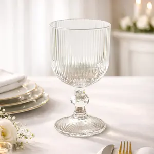 6 Pack Ribbed Wine Glasses – 13oz Clear Vintage Glass Goblets with Ball Stem Accent