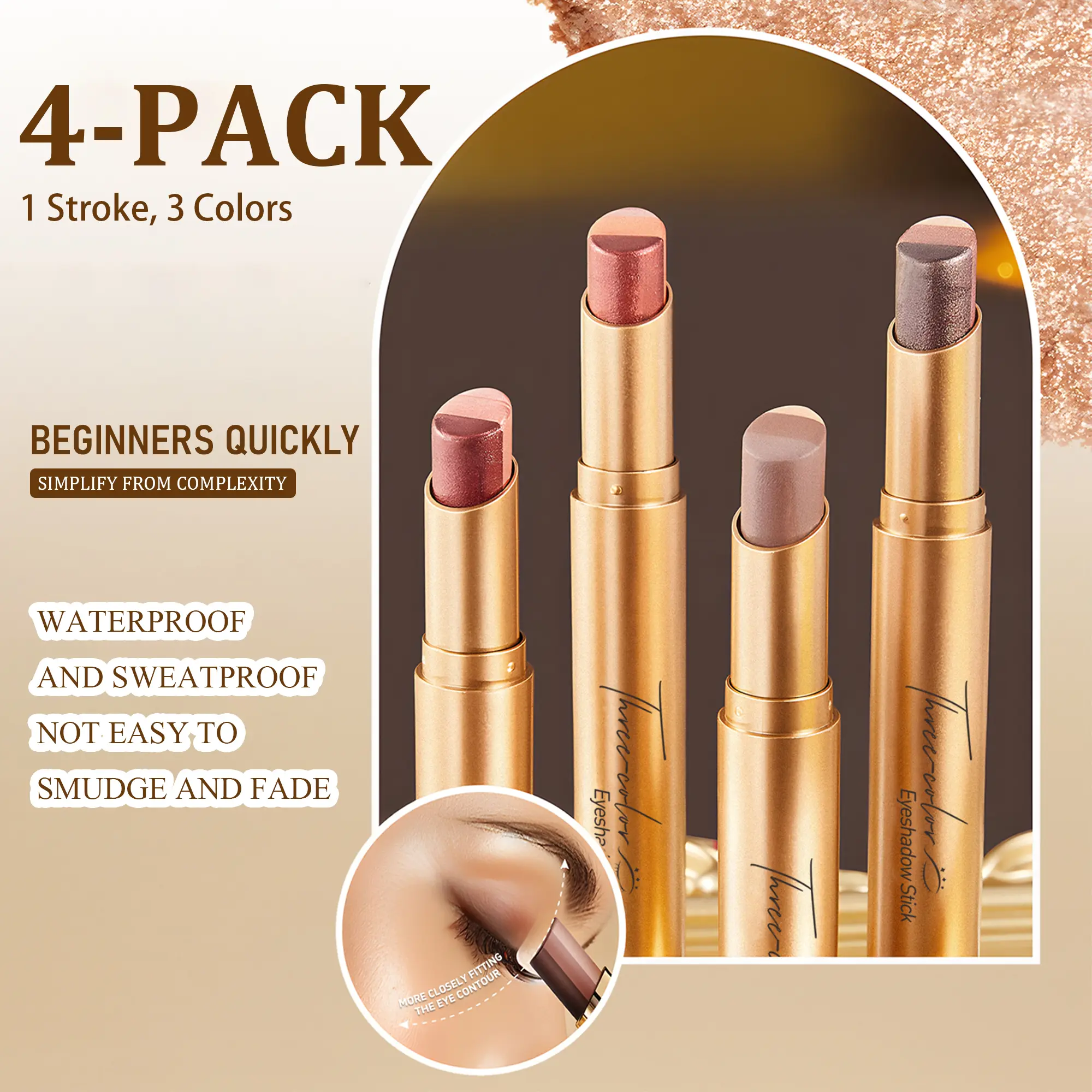 Buy 1 Get 3 Free – 3-in-1 Color Eyeshadow Stick Set (4 PCS Total), Beginner-Friendly One-Swipe Application, Waterproof & Smudge-Proof Long-Lasting, Creamy Fine Shimmer Formula for Day & Night Looks, Portable & Easy to Blend Sparkly Shimmer Eyeshadow