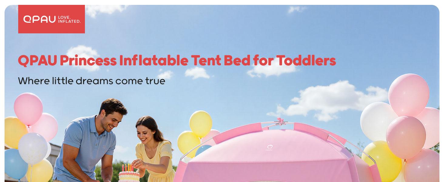 QPAU Princess Inflatable Toddler Bed with Tent, Blow Up Toddler Travel Bed with Sides, Portable Kids Air Mattress for Girls, Ideal for Home, Grandma’s, Camping & Sleepovers – Includes Electric Pump