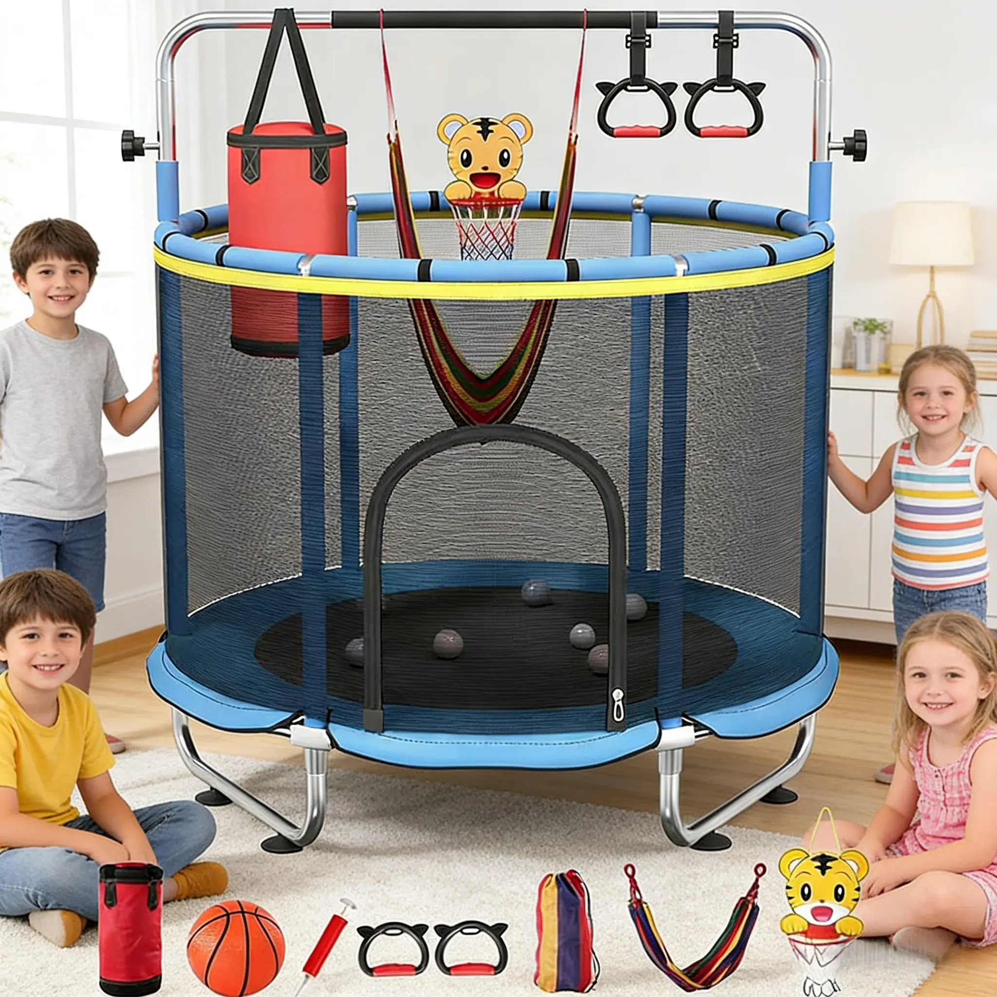 Outdoor Fitness Trampoline for Kids, 60-Inch Hexagonal Sports Playset with Safety Net, Swing, Gym Bar & Basketball Hoop, 500 lbs Capacity, Indoor & Outdoor Active Play, 500Lbs