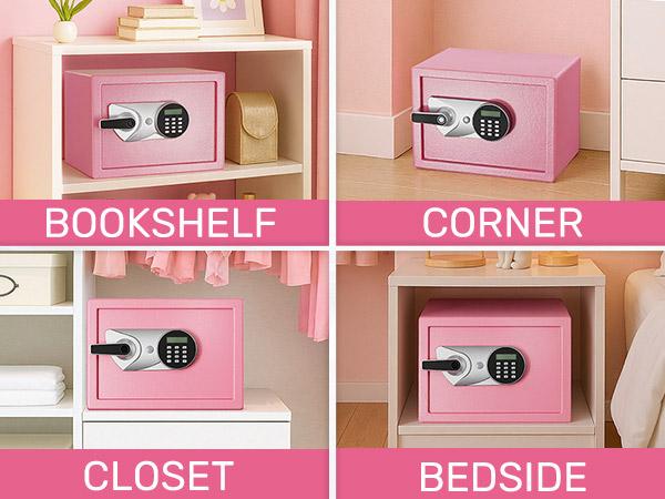 BlackSmith Home Biometric Safe 1.0 Cub Quick Access Fingerprint Lock Box With Keys Keypad Wall Mount Cabinet Safe Secure Money Jewelry with Fireproof Bag Mute Mode LED Light, Pink