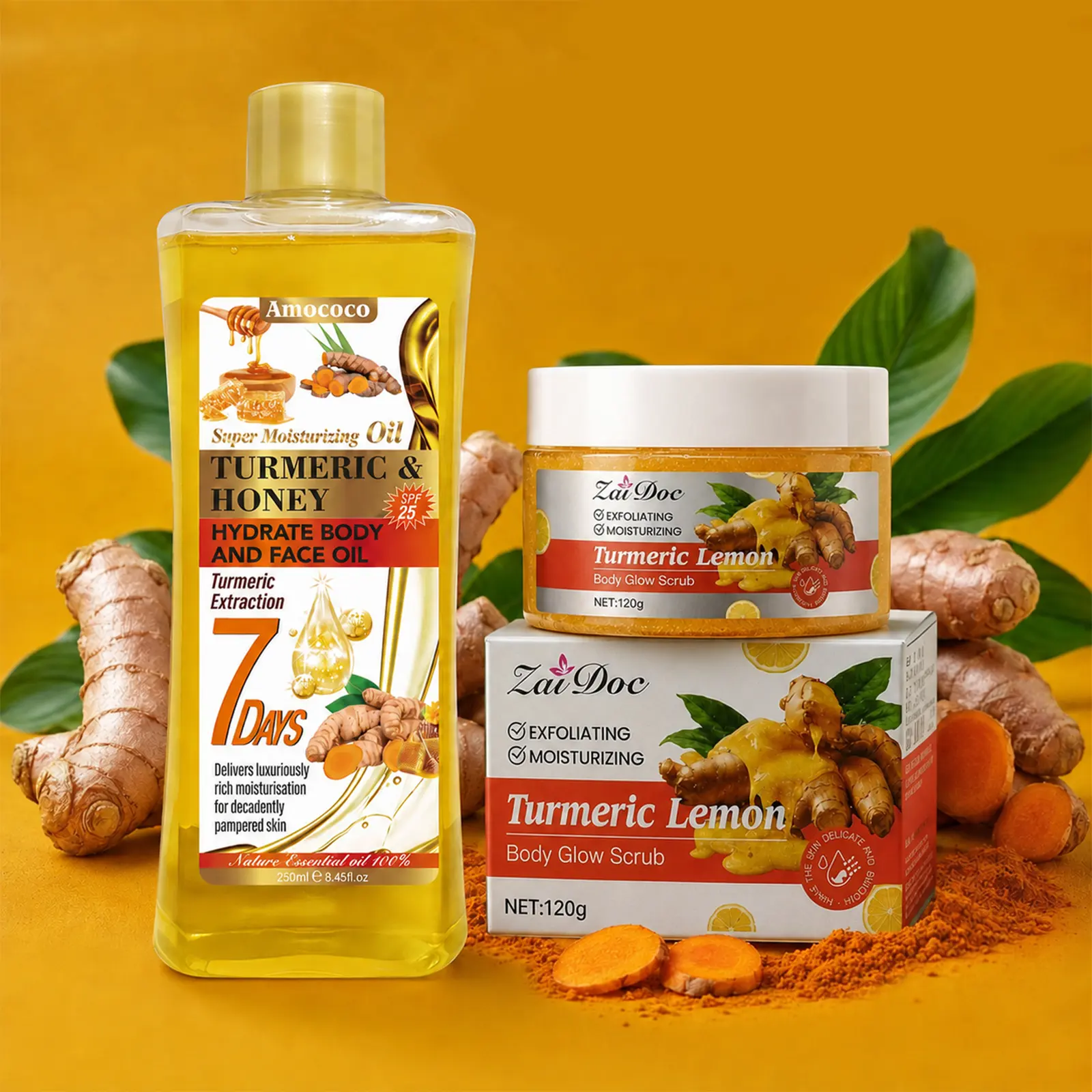 Turmeric Massage Oil & Turmeric Scrub – Infused with natural turmeric extract. The oil locks in moisture and nourishes skin; the scrub gently cleanses, leaving skin refreshed, smooth, hydrated, and healthy. Moisturizing