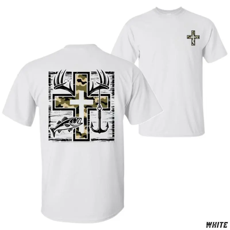 Men's Classic Fit T-Shirt - Unisex Crew Neck Short Sleeve Top, 100% Soft Cotton Fabric, Southern Charm Camo Cross/Antlers/Bass Digital Print, Machine Washable, Premium Comfort Casual Streetwear for Faithful Adventures, Chinese New Year, Shortsleeve, Tshir