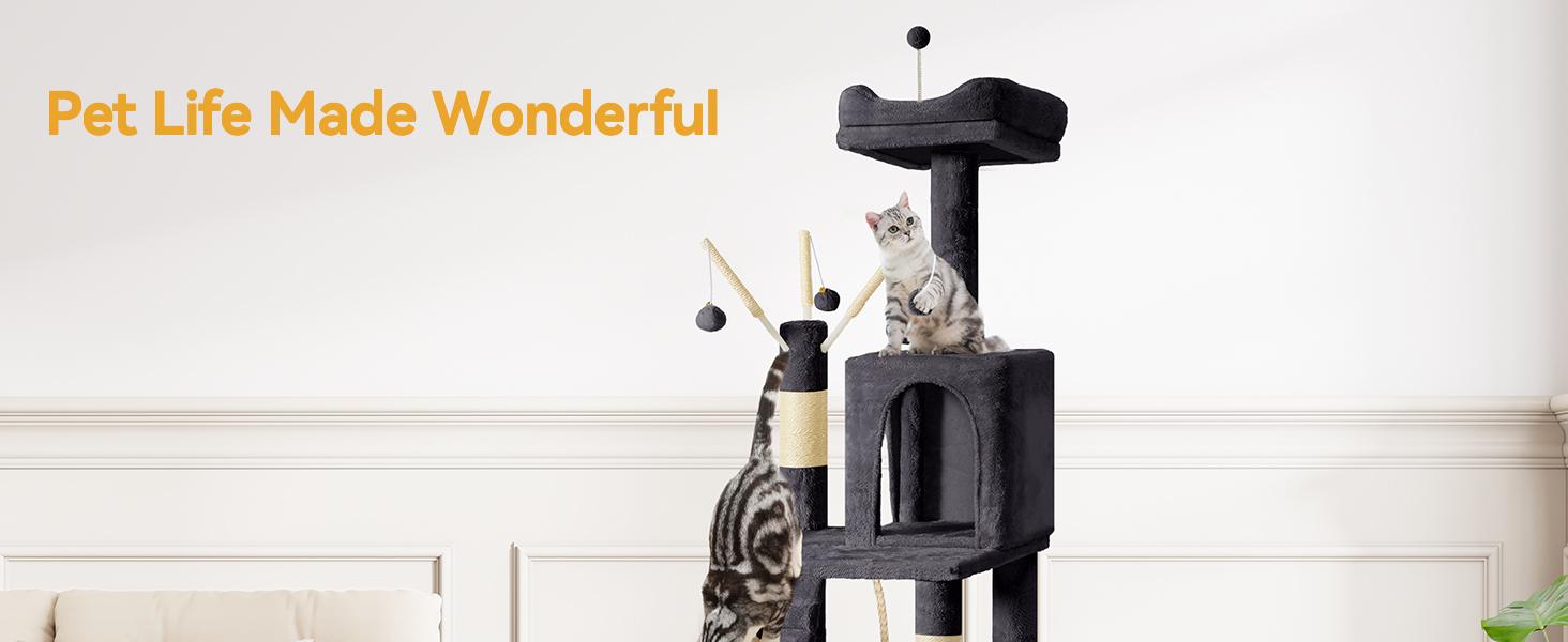 YITAHOME 64.5 Inch Cat Tree Multi-Level Cat House with Perch Hammock, Scratching Posts & Dangling Balls for Medium & Small Cats and Pets YITAHOME 64.5 Inch Cat Tree Multi-Level Cat House with Perch Hammock, Scratching Posts & Dangling Balls for Medium & Small Cats and Pets