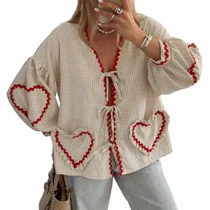 MANGMAO Gingham Babydoll Tie Front Puff Sleeve Top Khaki Size S