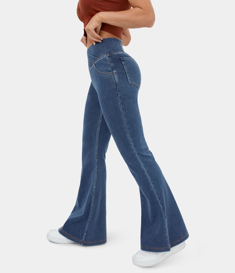 Halara Flex High Waisted Crossover Pocket Washed Stretchy Knit Casual Super Flare Jeans  #TikTokShopHolidayHaul