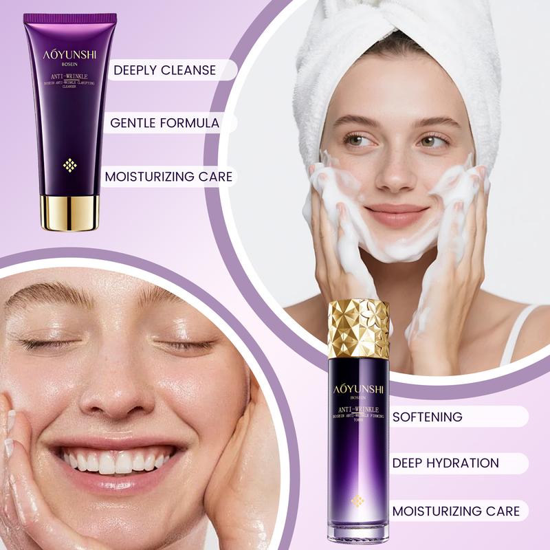 A seven-piece facial care set, including cleanser, toner, moisturizing lotion, serum, eye cream, face cream, and foundation, offers hydrating, moisturizing, and firming benefits.  Perfect as a Valentine's Day gift, Mother's Day gift, or everyday gift.