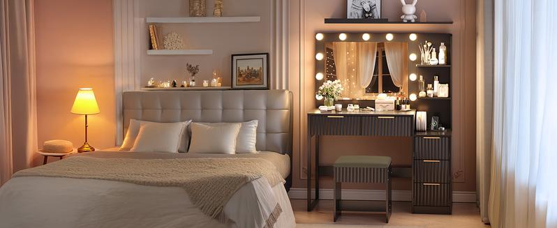 VINGLI Fluted Makeup Vanity Desk with Mirror & Lights & Power Outlet, Small Vanity Table w/ 5 Drawers & 2 Storage Shelves, Modern Dressing Table Set Charging Station for Bedroom