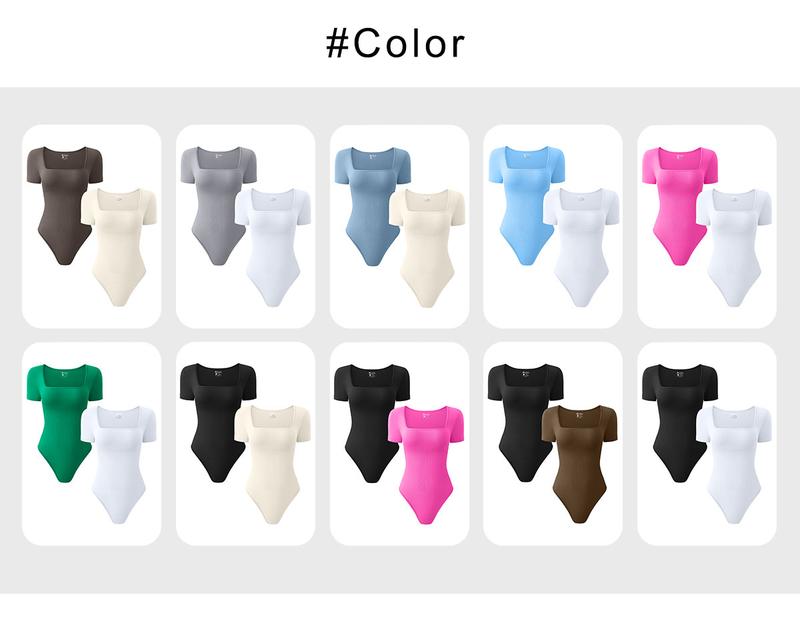 OQQ Women's 2 Piece Bodysuits Sexy Ribbed Square Neck Short Sleeve Bodysuits Trendy