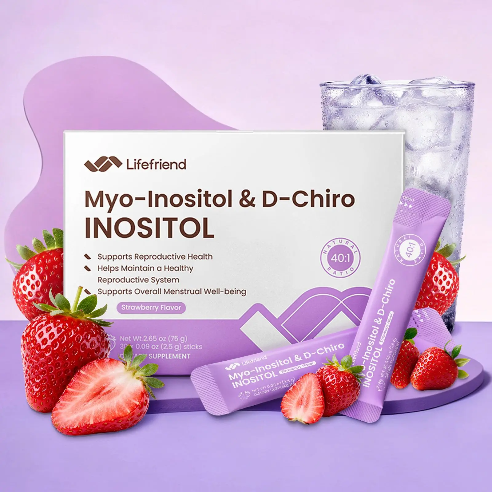 Lifefriend Hormone Balance Drink Mix - Strawberry Flavor Inositol Powder, 2000mg Myo-Inositol + D-Chiro (40:1 Ratio), Vitamin D, Folate, 30 Sticks for PCOS Cycle Support, Energy & Mood, Contains D-Chiro